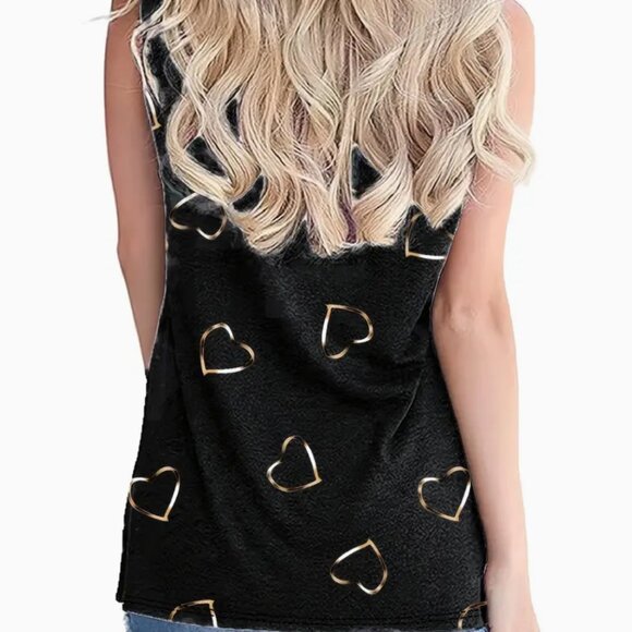 Medium Heart Print V Neck Tank Top, Casual Sleeveless Tank Top For Summer - Picture 2 of 3